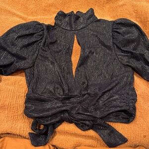 Women’s Black Shimmer Puff-Sleeve Tie-Waist Top